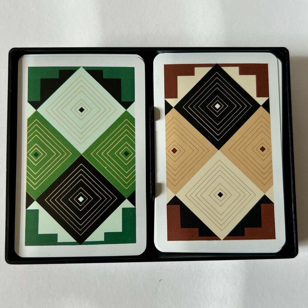 Vintage KEM Playing Cards 2 Deck Set Geometric Back Black Case 1947